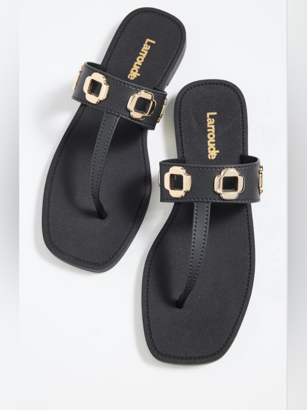 Larroudé Milan Jelly Sandals in Black with Gold Cutout Accents